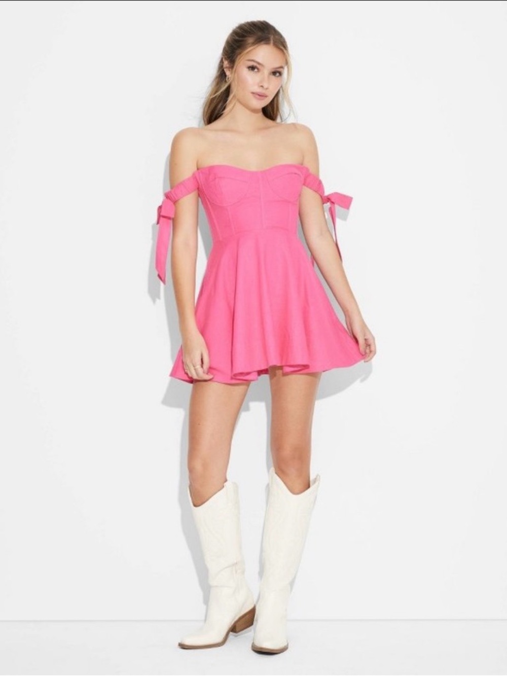 ‼️NWT MEGAN MORONEY Strapless Pink Fit & Flare Corset Dress with Tie Sleeves - Picture 2 of 5